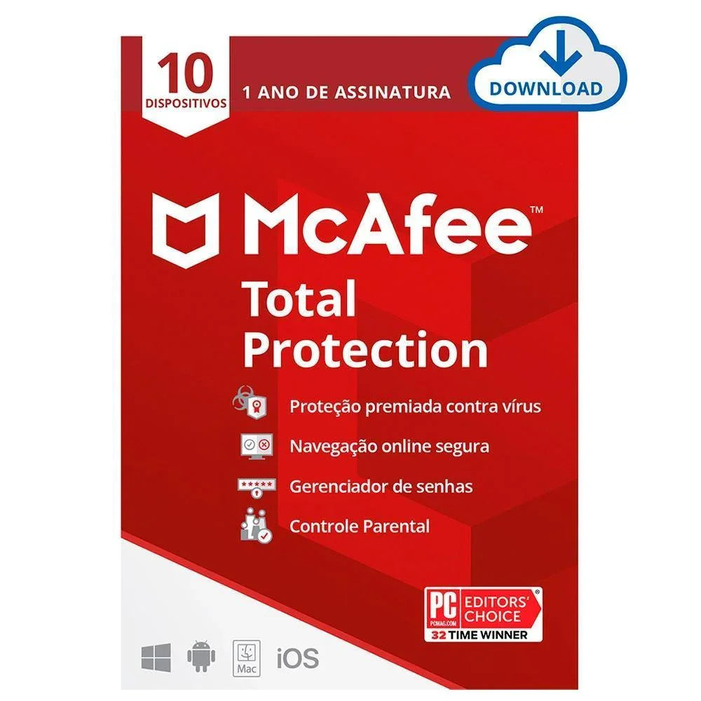 Total Protection McAfee + 10 dispositivos + 5 VPNs 1 ano ESD - MTC0ALNRXRTotal Protection McAfee + 10 dispositivos + 5 VPNs 1 ano ESD - MTC0ALNRXR - Mega Market