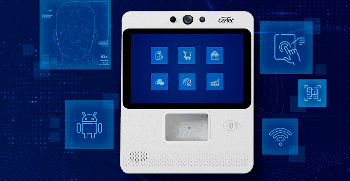 Terminal eletrônico Gertec com tela touchscreen, ícones de comércio, QR code e Wi-Fi