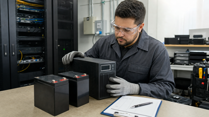 Técnico inspecionando baterias de nobreak em sala de TI de empresa