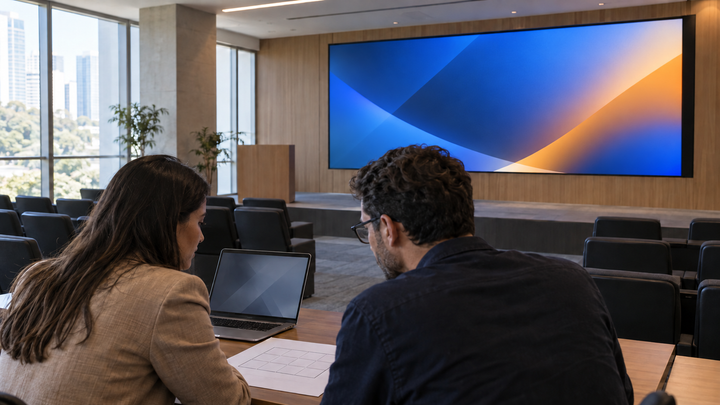 Profissionais avaliando um painel modular de LED e um diagrama de instalação em auditório.
