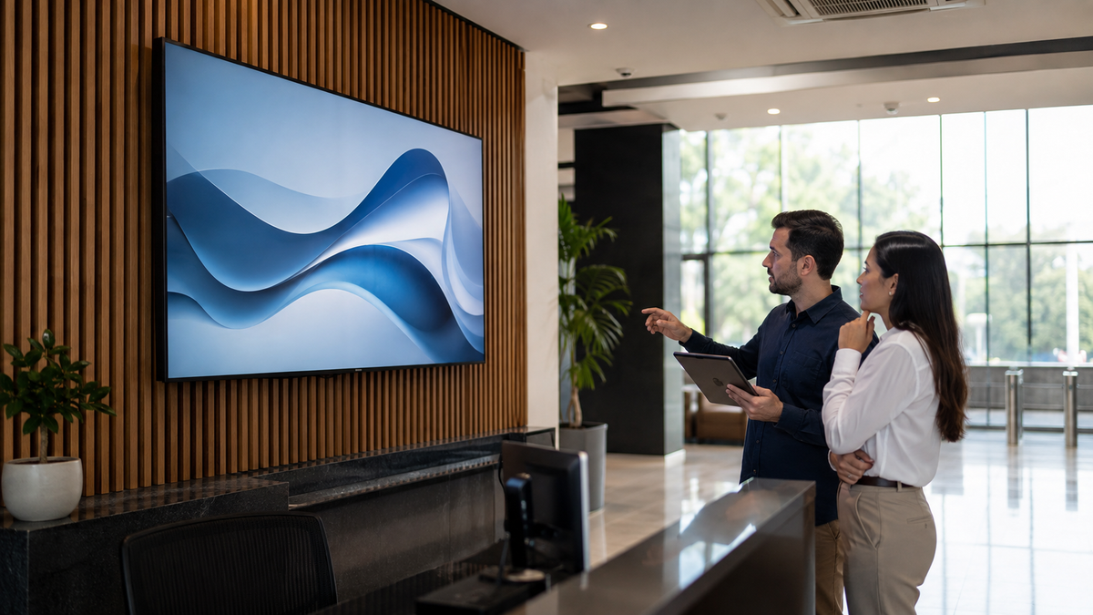 Equipe avalia uma tela de sinalização digital instalada em recepção empresarial