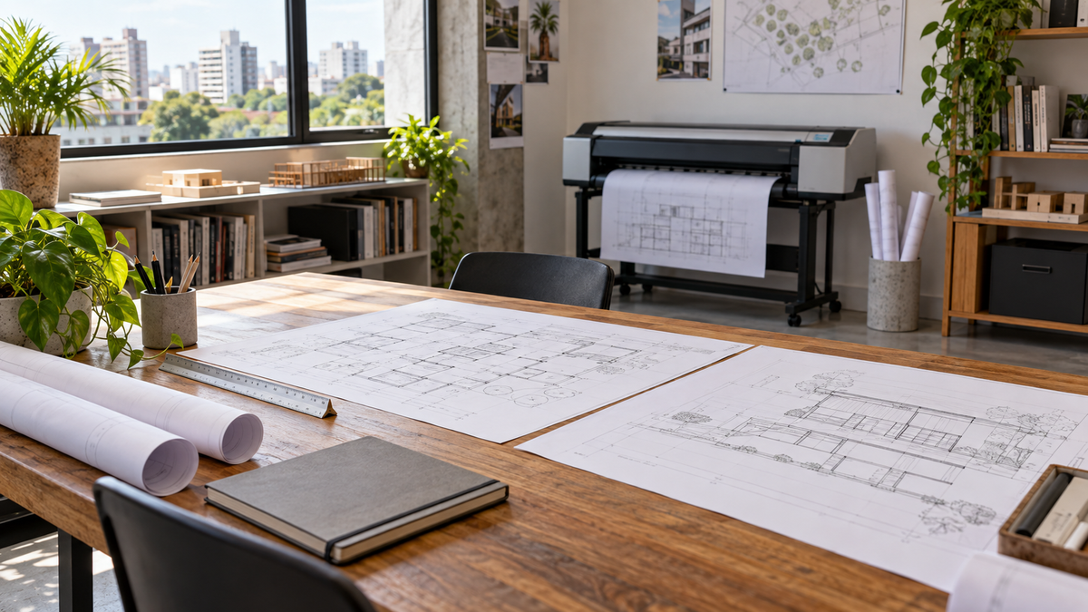 Plantas sobre uma mesa de escritório de projetos, com impressora de grandes formatos ao fundo.