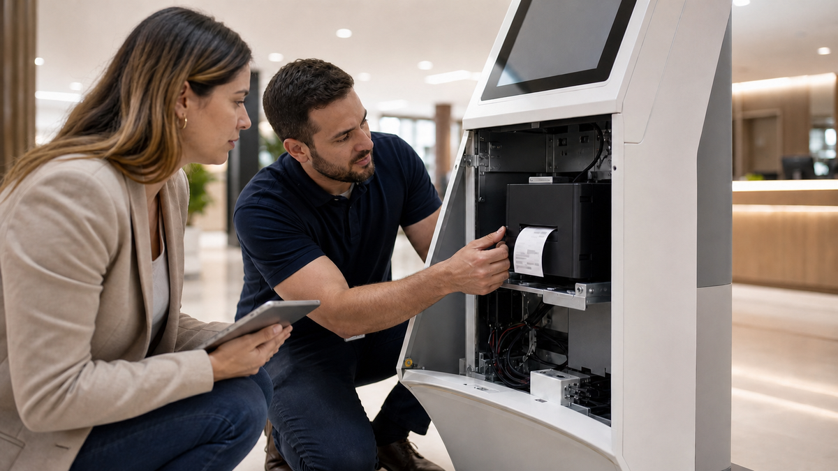 Equipe avalia impressora térmica integrada a quiosque de autoatendimento