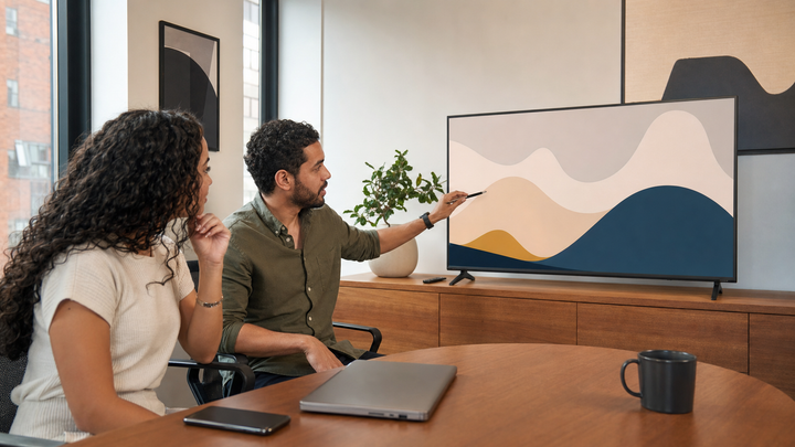 Equipe avaliando monitor smart em uma sala de reunião