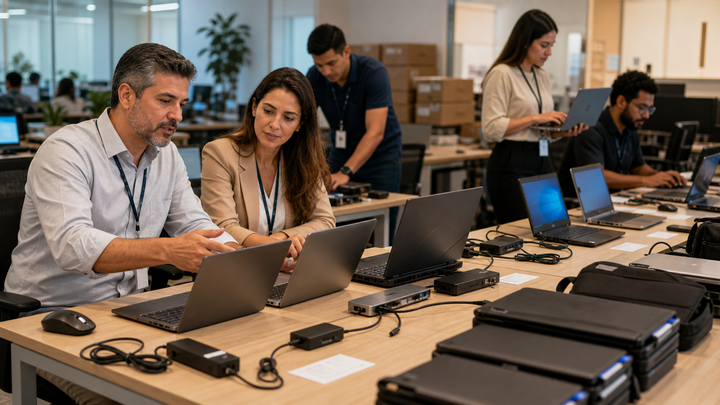 Equipe de TI avaliando notebooks corporativos para empresas