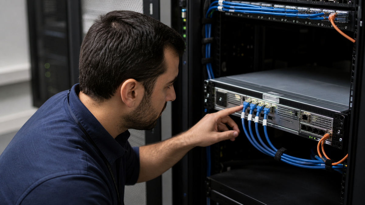 Profissional de TI avalia quatro conexões de rede em servidor instalado em rack