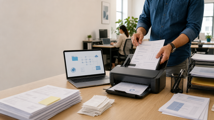 Profissional digitalizando documentos em scanner com alimentador automático no escritório