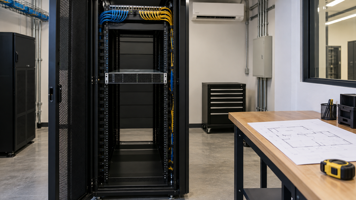 Sala técnica com servidor em rack, cabos organizados e planta de instalação sobre a bancada.