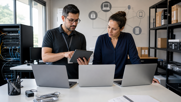 Equipe de TI comparando computadores com Windows 11 Pro e Home para uma empresa