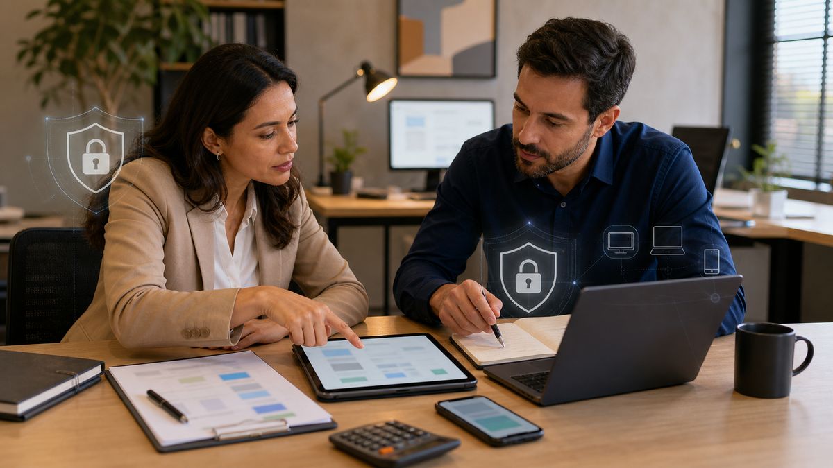 Equipe de empresa avaliando dispositivos para escolher antivírus McAfee por CNPJ