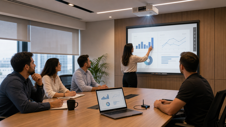 Sala corporativa com projetor, rede sem fio e toque interativo