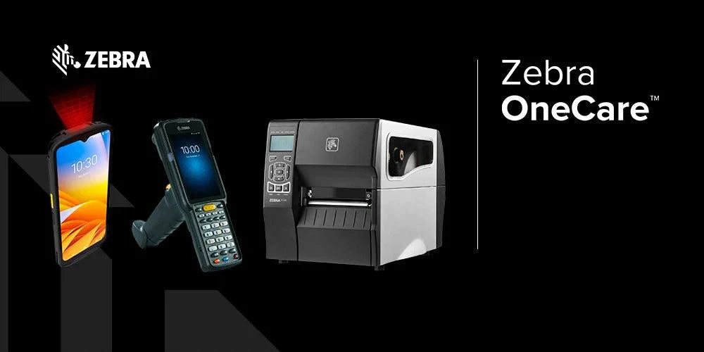 Equipamentos Zebra OneCare: coletor de dados, impressora térmica e leitor de código de barras.