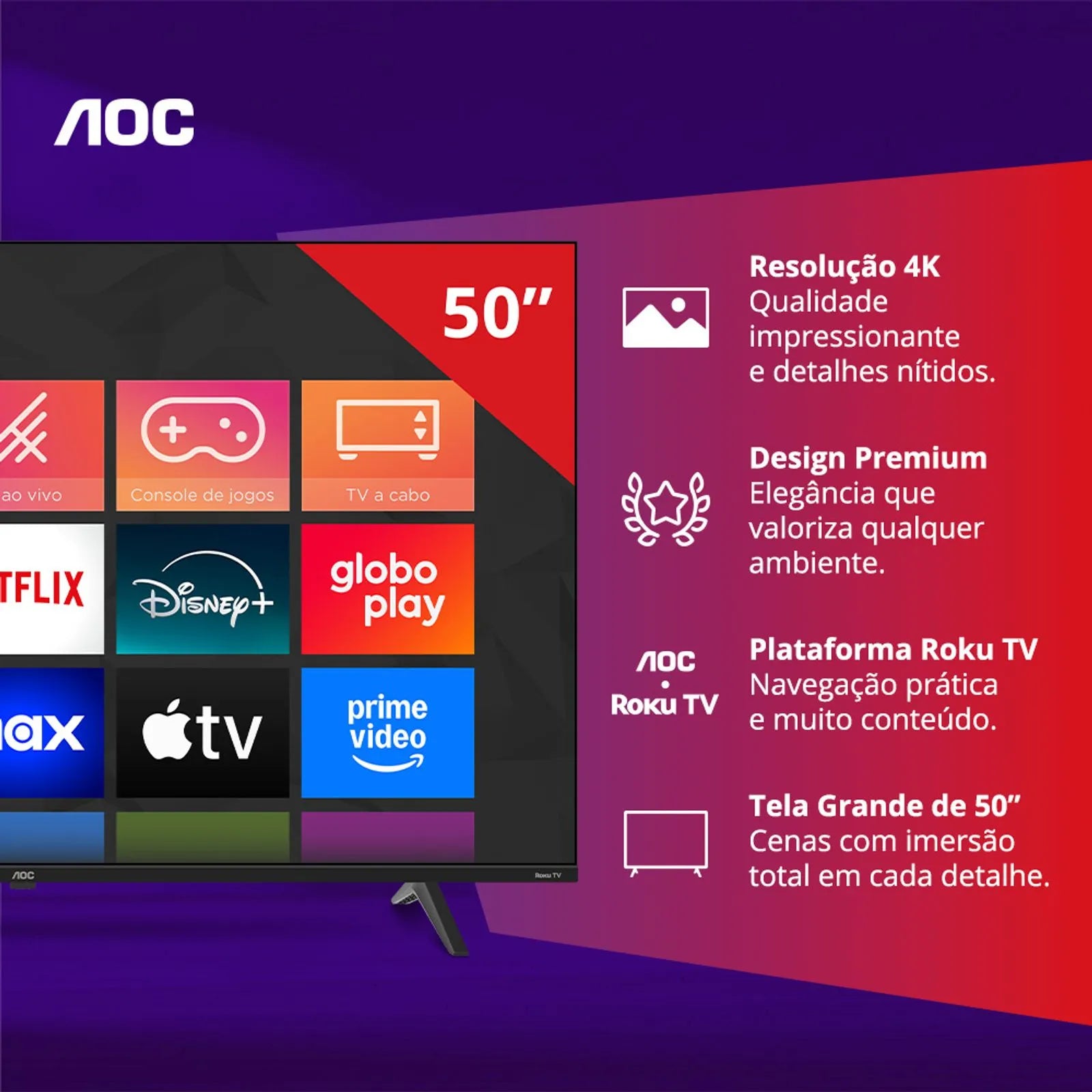 Smart TV AOC Roku TV 50" 4K UHD - 50U7045/78G