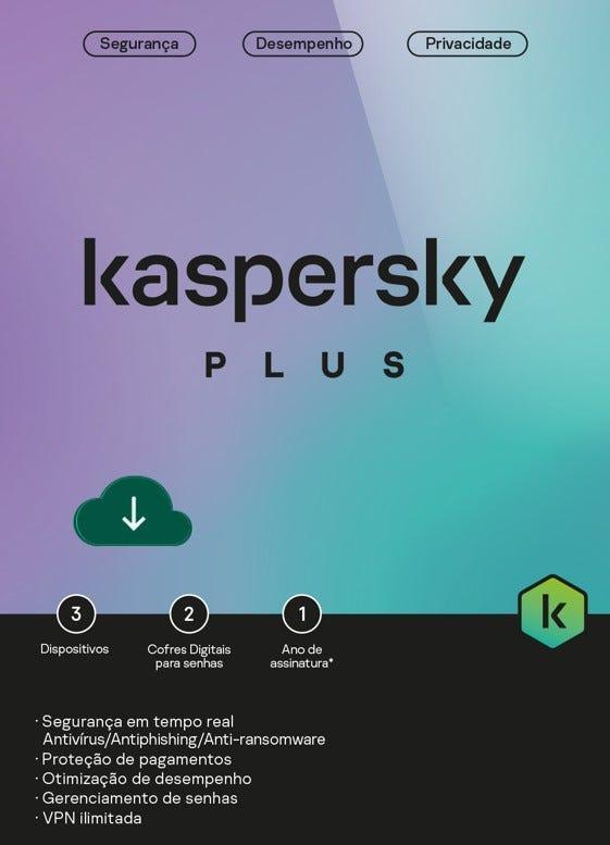 Antivírus Kaspersky Plus BR 3 dispositivos 1 ano ESD - KL1042KDCFS - Mega Market