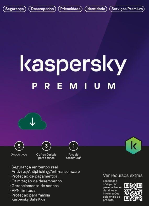 Antivírus Kaspersky Premium 5 dispositivos 1 ano ESD - KL1047KDEFS - Mega Market