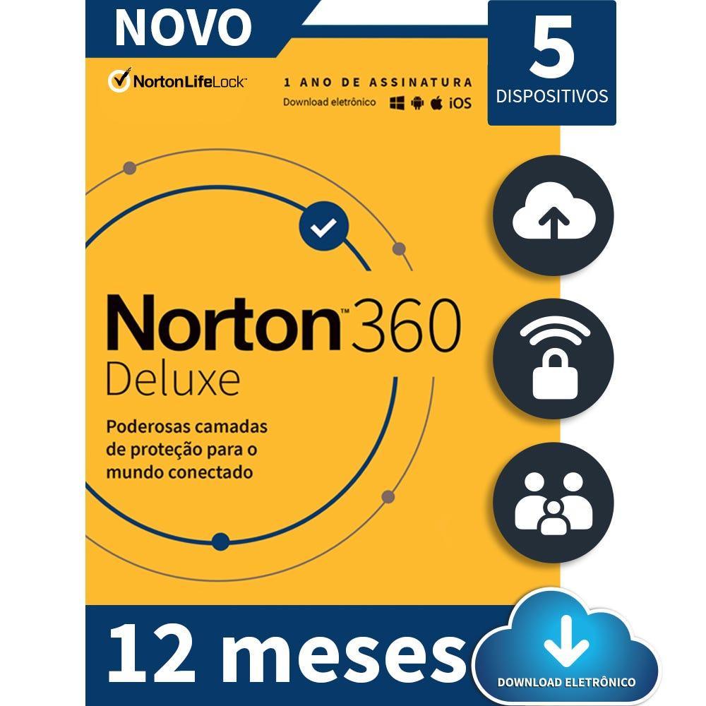 Antivírus Norton 360 Deluxe 5 Dev 12 Meses ESD 21405567 IS - Mega Market