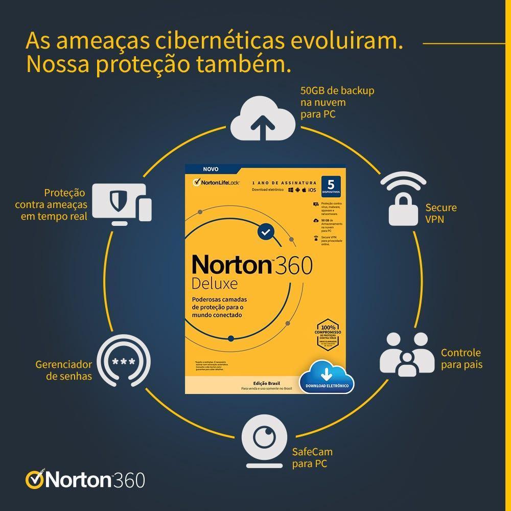 Antivírus Norton 360 Deluxe 5 Dev 12 Meses ESD 21405567 IS - Mega Market