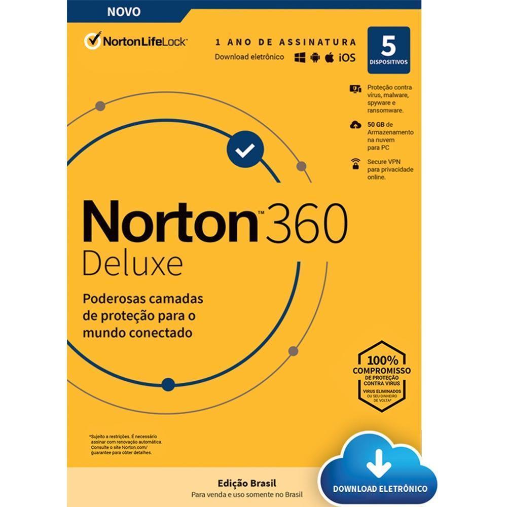 Antivírus Norton 360 Deluxe 5 Dev 12 Meses ESD 21405567 IS - Mega Market