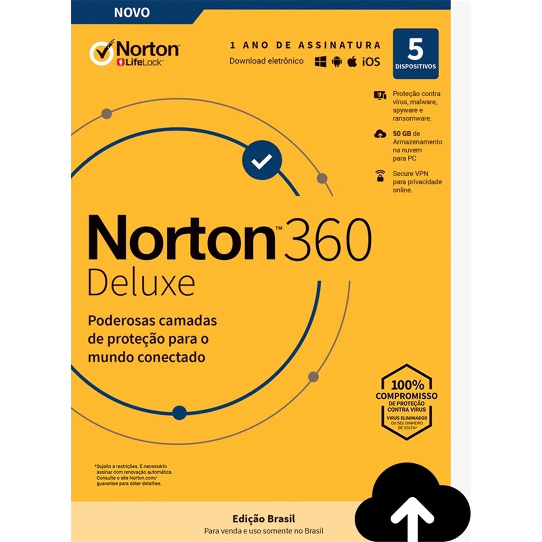 Antivírus Norton 360 Deluxe - 5 dispositivos 12 Meses ESD - 21405567 - Mega Market