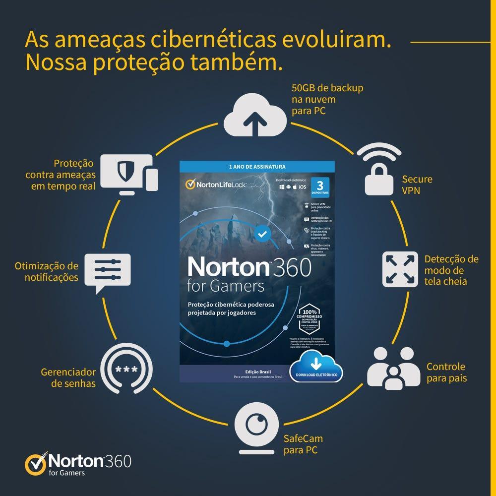 Antivírus Norton 360 Gamers 3 Dev 12 Meses ESD 21415189 IS - Mega Market
