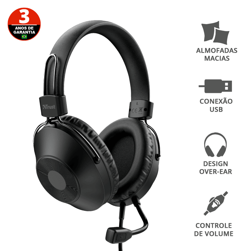 Headset Trust Over-ear USB PC 40mm Ozo 24132i - Mega Market