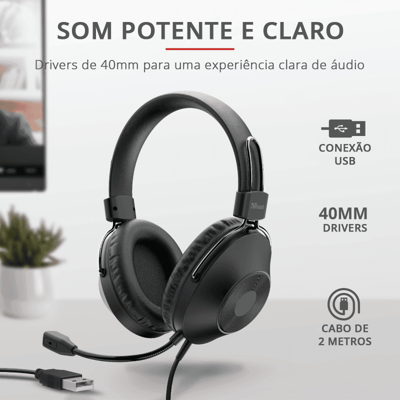 Headset Trust Over-ear USB PC 40mm Ozo 24132i - Mega Market