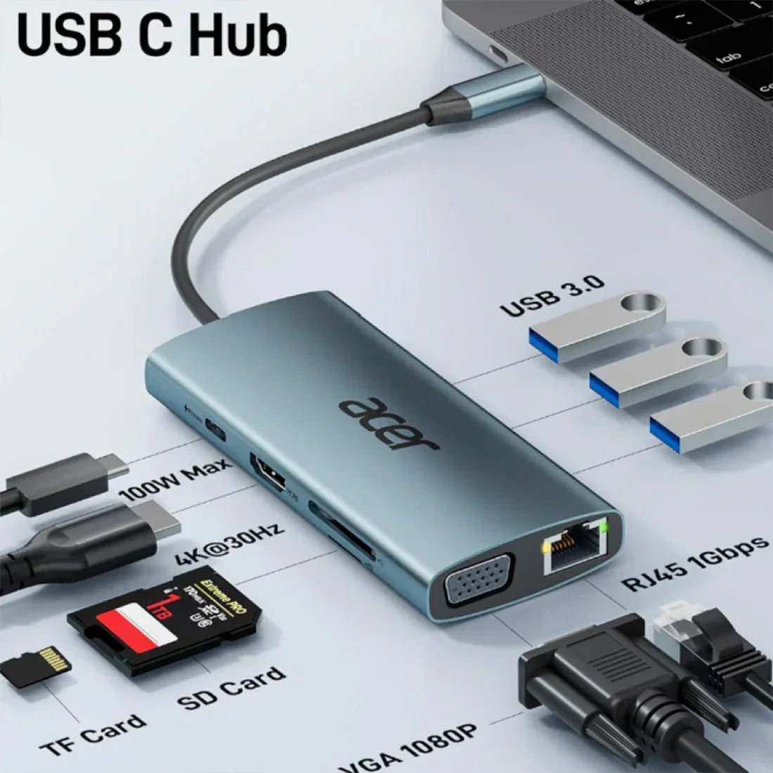 Hub Acer USB ODK390 com Cabo Tipo-C 9 em 1 - GP.DCK11.02C – Mega Market