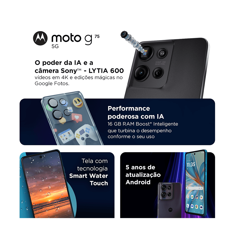 Smartphone Motorola XT2437-1 G75 Preto 5G 256GB - PB3X0003BR - Mega Market