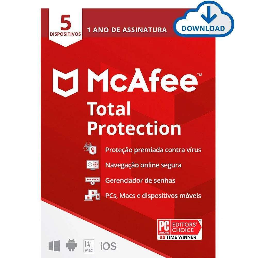 Total Protection McAfee 5 dispositivos 1 ano ESD - MTP0ALNR5 - Mega Market